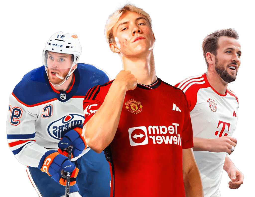 Foto av två professionella fotbollsspelare och en hockeyspelare