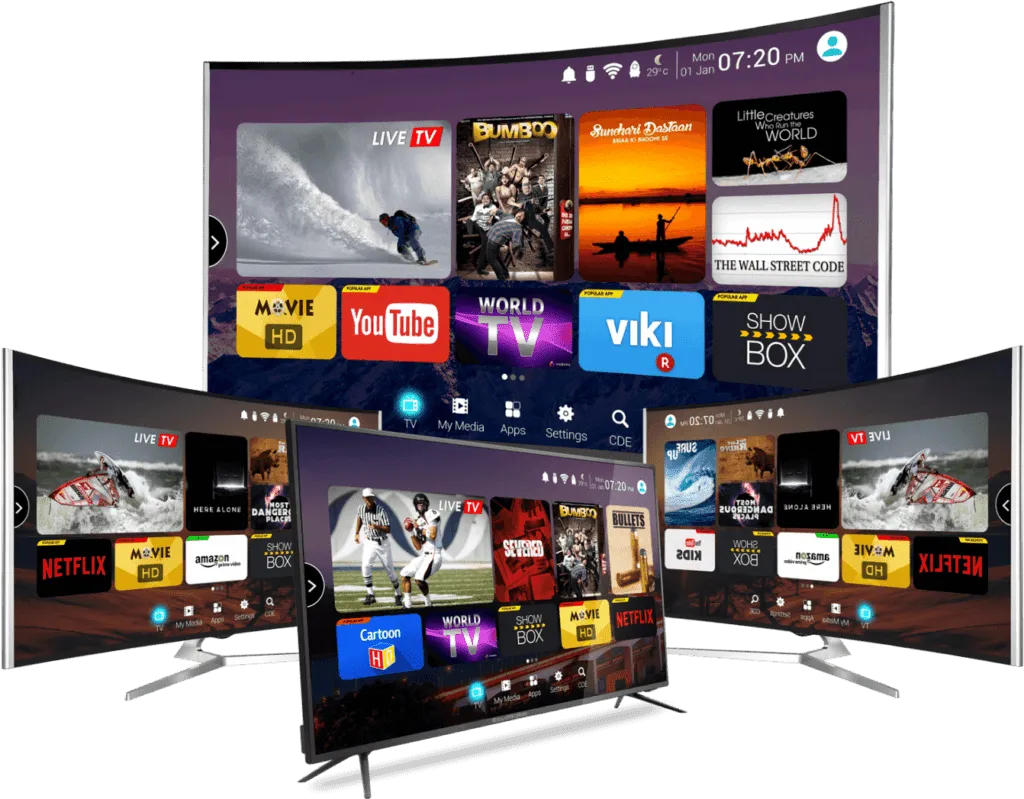 Flera smarta TV-skärmar som visar streamingmeny med olika appar och innehållsminiatyrer inklusive Netflix, YouTube och underhållningsalternativ.