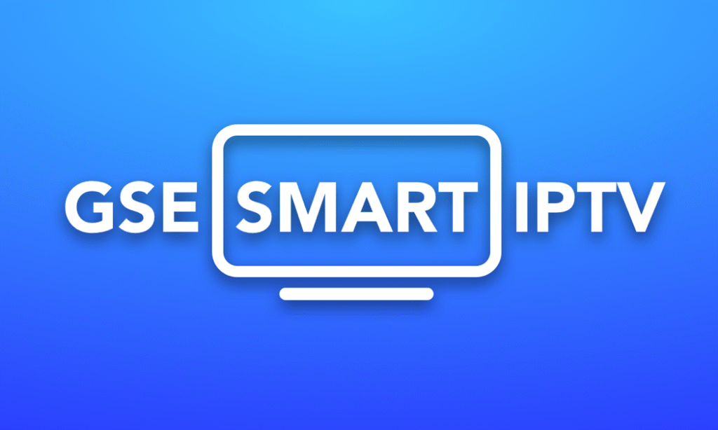 GSE Smart IPTV-logotyp med vit text på blå gradient bakgrund och TV-ikon - anpassningsbar IPTV-app