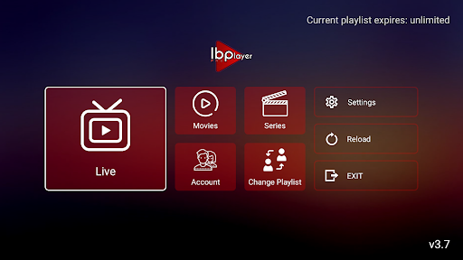 IBO Player Pro huvudmeny med Live, Movies, Series alternativ - premium IPTV-app för Chromecast familjer
