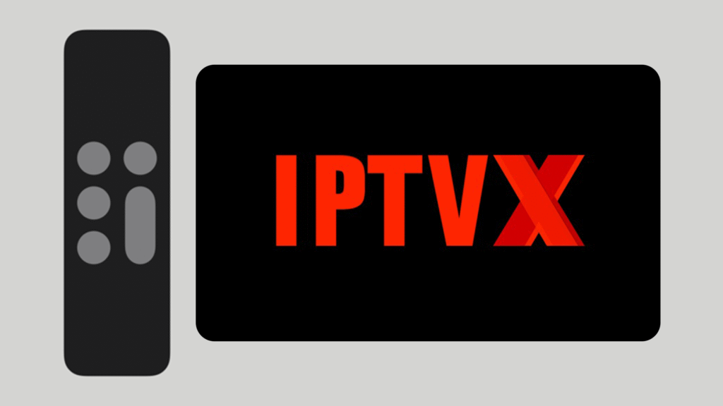IPTVX-appen på Apple TV med fjärrkontroll - premium IPTV-app med röd logotyp på svart bakgrund