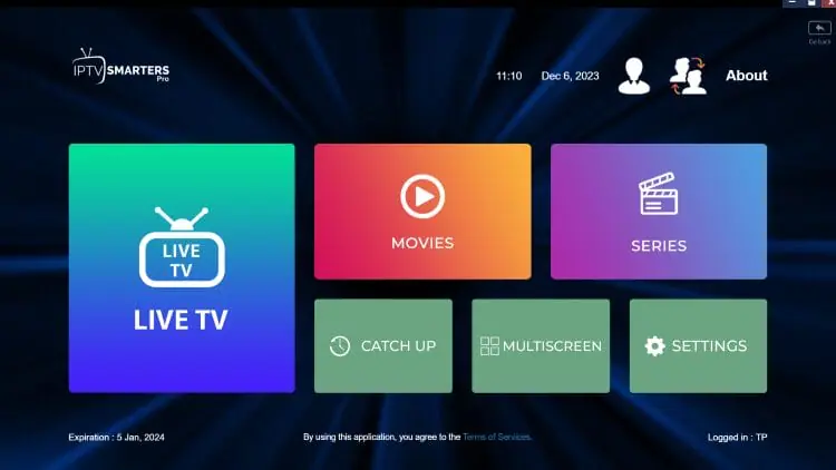 IPTV Smarters Pro huvudmeny med Live TV, Movies, Series sektioner - multiskärms IPTV-app gränssnitt