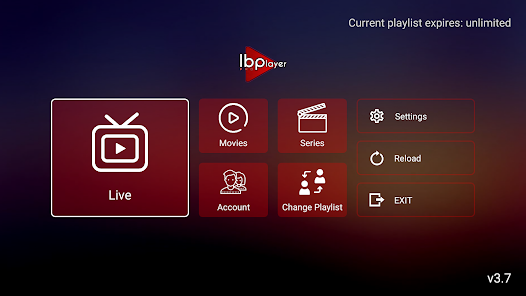 IBO Player-huvudmeny med Live, Movies, Series alternativ på mörk bakgrund - premium streaming IPTV-app