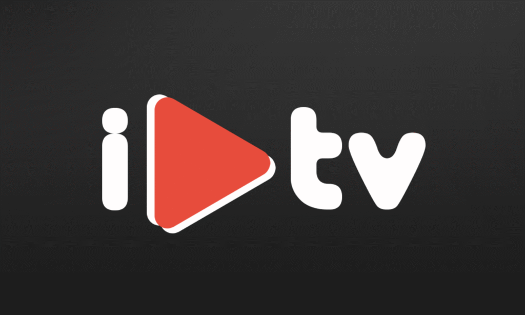 iPlayTV-logotyp med vit text och röd play-knapp på mörk bakgrund - bästa engångsköp IPTV-app iPhone