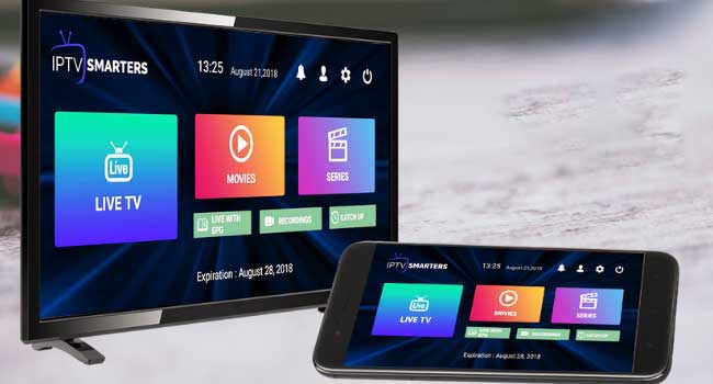 IPTV Smarters Pro visad på TV och surfplatta med Live TV, Movies, Series menyer - multi-enhets IPTV-app