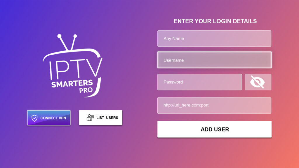 IPTV Smarters Pro inloggningsskärm med lila gradient och formulär för användaruppgifter - populär IPTV-app