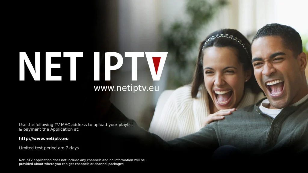 NET IPTV-logotyp med glada par som skrattar och tittar på TV - aktivering via MAC-adress och 7 dagars test