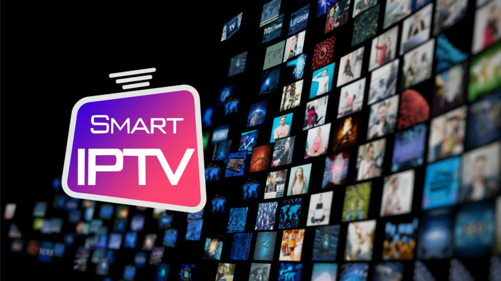 Smart IPTV-logotyp med lila-rosa gradient TV-ikon framför vägg av TV-program och filmer - populär IPTV-app