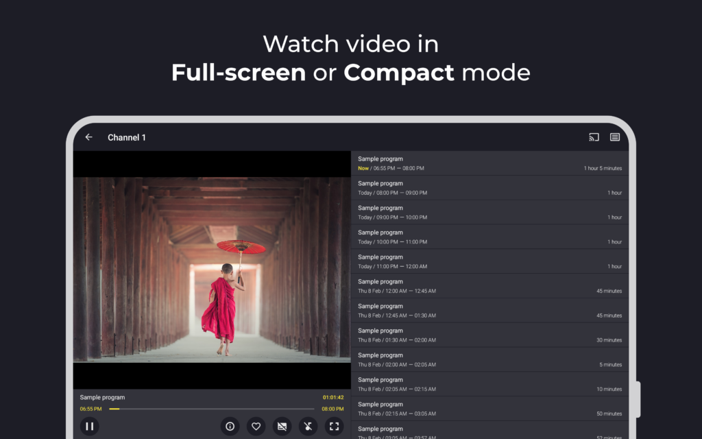 Televizo videospelare med fullskärm och kompakt läge, visar EPG programguide - premium Android IPTV-funktioner